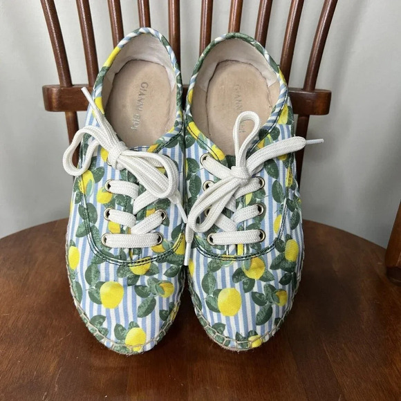Gianni Bini Lemon Blue Stripe Espadrilles Platform Sneakers Sz 6.5 - Picture 1 of 10